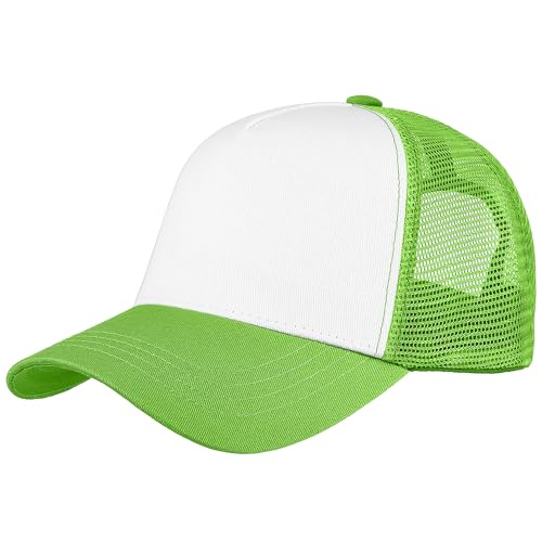 Falari 5-Panel Mesh Baseball Cap Trucker Hat Structured Plain Design Cotton Adjustable Size - Light Green