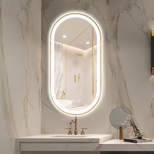 Niccy Espejo LED ovalado para baño, espejo retroiluminado de 48 x 24 pulgadas con marco dorado, espejo inteligente antivaho, inastillable, impermeable, con función de memoria, regulable, horizontal