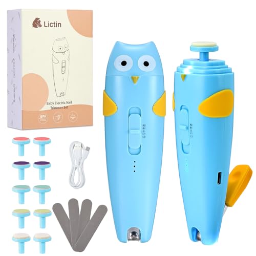 Lictin Lima de uñas para bebés, 15 en 1 eléctrico para bebés para uñas y dedos, set de manicura con 10 cabezales abrasivos y luz LED，para recién nacidos o adultos (Azul)
