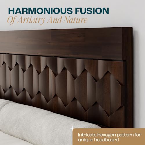 Image of Bme Georgina Signature Bed Frame with Handcrafted Geometric Headboard, Mid Century Modern, Solid Acacia Wood, No Box Spring Needed, 12 Strong Wood Slats Support, Easy Assembly, Walnut, King