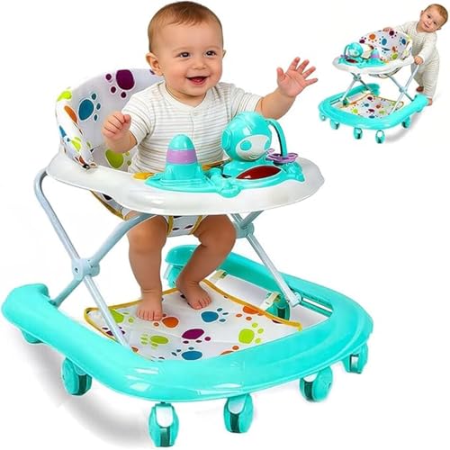 Baby Walker Foldable Walkers with Wheels for Boys Girls from 6 Months 5 Levels Height Push Along Activity Music Ride On Car Removable Seat
