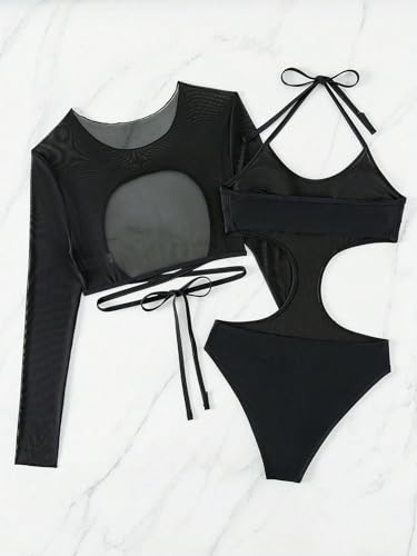 WDIRARA Women's 2 Piece Swimsuit Cut Out Halter One Piece with Long Sleeve Cover Up2