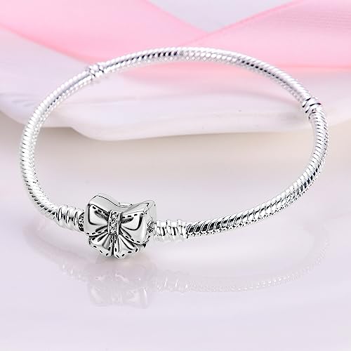 Image of 925 Sterling Silver Snake Chain Bracelets Fit Pandora Charms,Heart Clasp Bracelets Perfect For Any Glamour Gift for Women with 5 A Cubic Zirconia