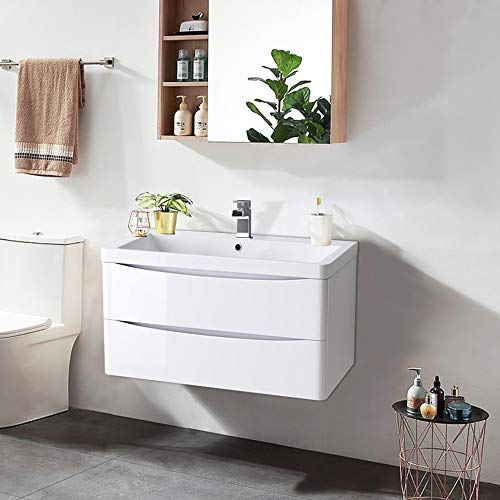 Image of NRG 800mm Gloss White 2 Drawer Wall Hung Bathroom Cabinet Vanity Sink Unit with Basin
