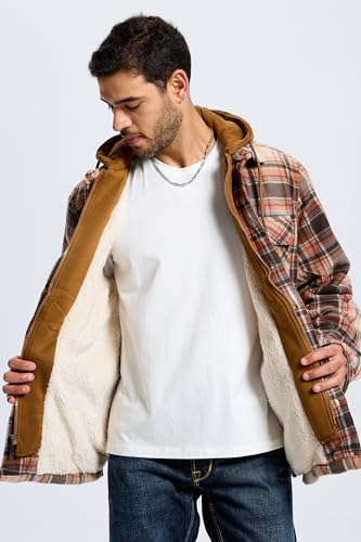 Image of TanBridge Men's Cotton Plaid Shirts Jacket Full Zip Fleece Flannel Sherpa Lined Hoodies Heavyweight Hoodies Jacket for Men