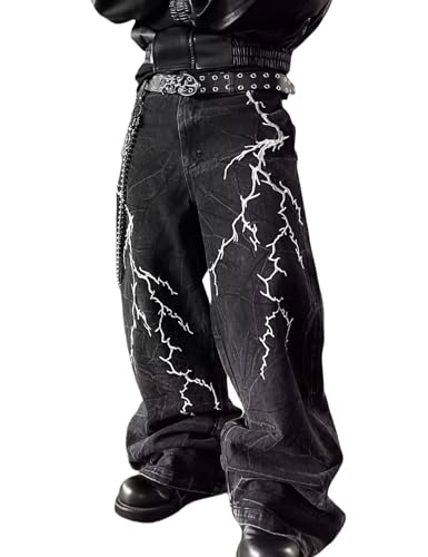 Men Baggy Black Jeans Y2k Relaxed Fit Graphic Jeans Cool Pants Wide Leg Skater Jean Streetwear