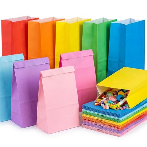 JOHOUSE 58 Pcs Multi-Colored Paper Gift Bags - 8.7 x 4.7 x 3.1 Rainbow Goodie Bags Assorted Solid Color for Kids Birthday Wedding Baby Shower & Party Supplies