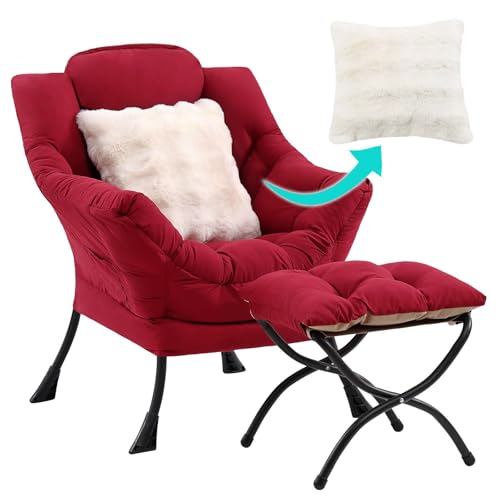 YOTATING Lazy Chair with Ottoman, Comfy Reading Chair with Footstool & Throw Pillow Modern Lounge Accent Chair with Armrests & Side Pocket for Living Room, Bedroom, Dorm Room, Office, Burgundy