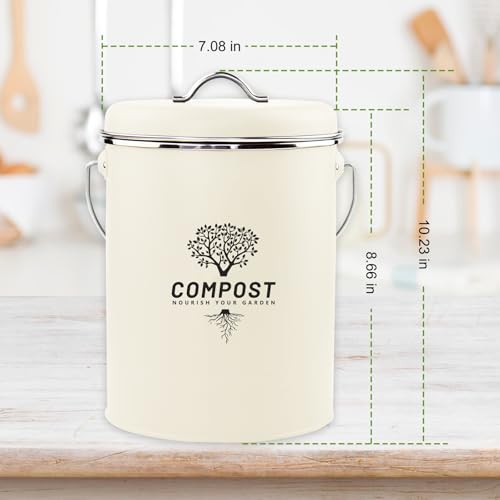 Image of Kitchen Countertop Compost Bin, Odor Resistant Indoor Compost Bin with Lid and Charcoal Filter, Rust Resistant Coated Compost Bucket, Compost Container, Cream