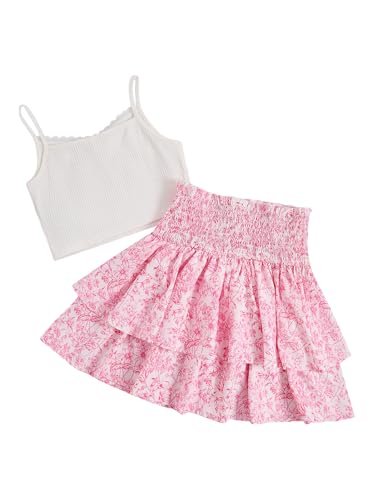 Image of RoseSeek Girl's 2 Piece Outfits Lace Ruched Camisole Tops and Shirred High Waisted Layered Floral Skirts Set