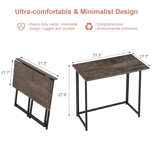 Image of VECELO Folding Desk 31.5 Inch Writing Desk Home Office Sturdy Steel Laptop Table for Home Office Work Classic Brown