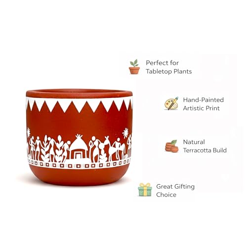Image of Urban Plant Tribal Utsav Virasat Terracotta Pot with Drainage Hole (4.7 Inch) | Hand-Painted Ethnic Warli Design Planter | Ideal for Home Decor, Tabletop & Gifting