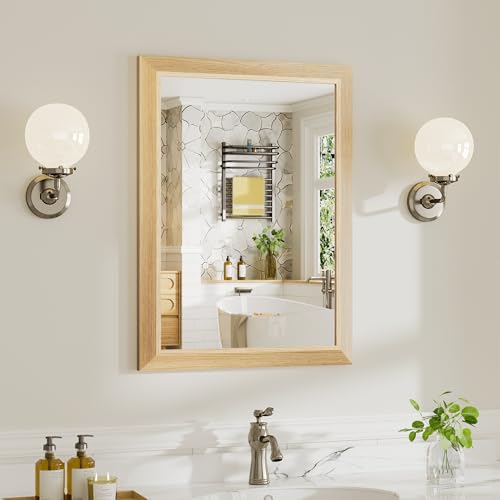 Image of 22x30 Inch Bathroom Mirror for Wall, Anti-Rust Oak Wood Grain Metal Framed Bathroom Mirrors for Over Sink,Rectangler Mirrors for Bathroom Vanity, Farmhouse, Bedroom, Living Room, Entryway Decor