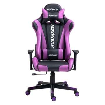 MAX RACER - Cadeira Gamer Skilled - Poltronas Gamer de Aço, Cadeira Ergonômica para Jogos - Até 150kg, Giratória, Braços 1D, Tecido Sintético PVC, Inclinação 180°, Almofada Cervical e Lombar - Roxa