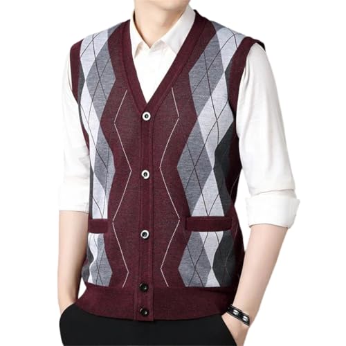 Suéter de punto para hombre, informal, con botones, cuello en V, cálido, para invierno, rojo vino, XL