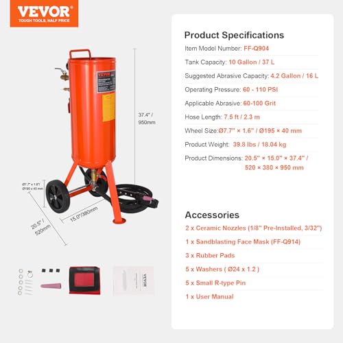 VEVOR 10 Gallon Heavy-Duty Sandblaster Tank