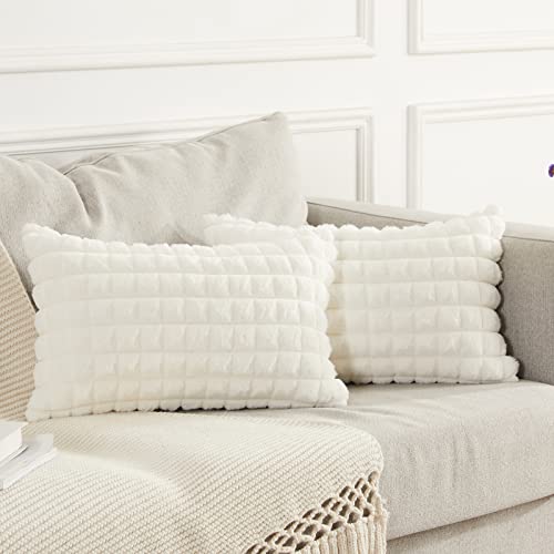 Joyouth Faux Fur Plush Throw Pillow Covers 12X20 Inch Set Of 2 - Square Decorative Pillowcase Checkered Soft Fuzzy Cozy Cushion Case For Couch,Sofa,Living Room - Cream White #TOP27