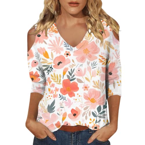 T-shirts décontractés avec col imprimé floral haut manches 3/4 femme