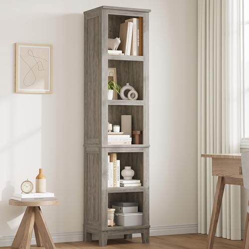 GarveeHome 71" Tall Bookcase w/Adjustable Shelves & 31.5" Width, 5 Tier Farmhouse Bookshelf with Wooden Legs, Rustic Vintage Book Shelf for Living Room Office Library (Brown, Narrow)