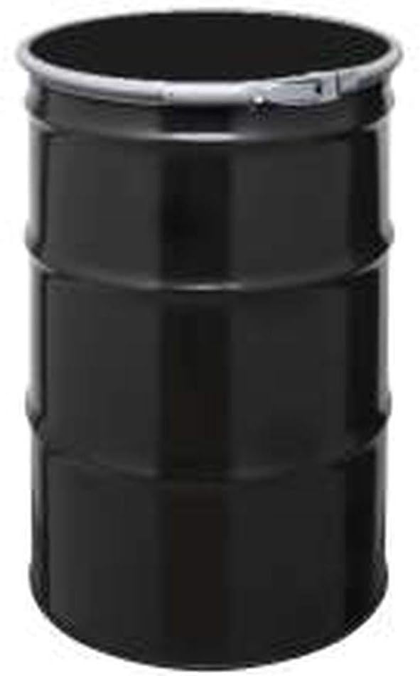 55 Gal Steel Drum Open-Head | Black | Metal Barrel | Rust Inhibitor Lining | Lever Lock Ring Closure