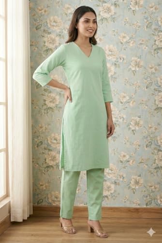 Image of JAIPUR HAND BLOCK Women's Cotton plain Straight Salwar Suit | V-Neck | 3 /4th Sleeve | Regular Fit | Daily, Office & Ethnic Wear(ST00125-V-NEW)