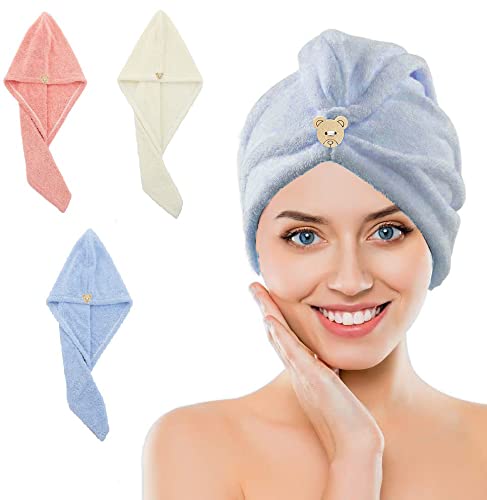 3 Pack Microfiber Hair Towel Hair Drying Towels with Butto Super Absorbent Twist Turban Fast Drying Hair Caps Fast Drying Hair Turbans for Women Wet Hair