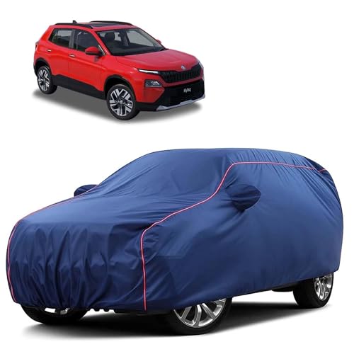 Image of Sulfar 100% Water Resistant Car Body Cover Compatible with Mirror for Skoda Kylaq (Triple Stitched, Full Bottom Elastic, Blue Tafetta with Red Piping)
