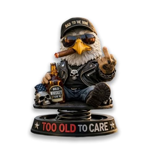 “Too Old to Care” Rebel Eagle Dashboard Bobblehead – Funny Car Ornament for Bikers, Drivers, Dads, and Veterans – Unique Spring Bouncing Figurine for Cars, Trucks, and Desks
