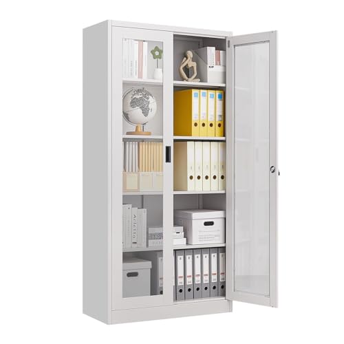 Steel File Locker Cabinet Metal Filling Storage Display Lockable Cupboard with 5 Adjustable Shelves & 2 Tempered Glass Door for Office Garage Stationary 185cm