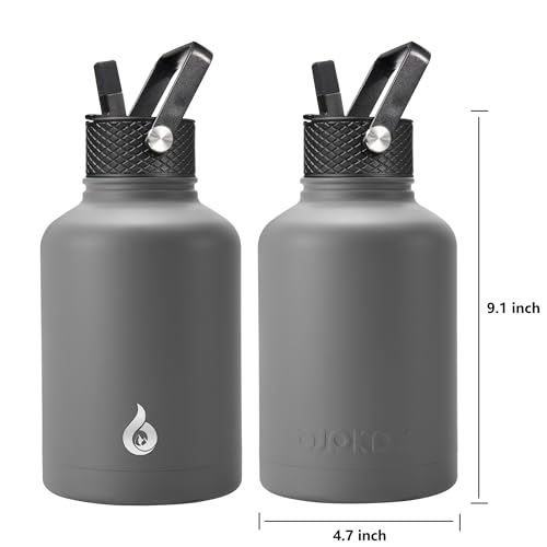 Image of BJPKPK 50oz Stainless Steel Insulated Water Bottle, Vacuum Water Bottle with Straw, Leak Proof, Hot & Cold Insulation, 3 Lids & Paracord Handle, Gray