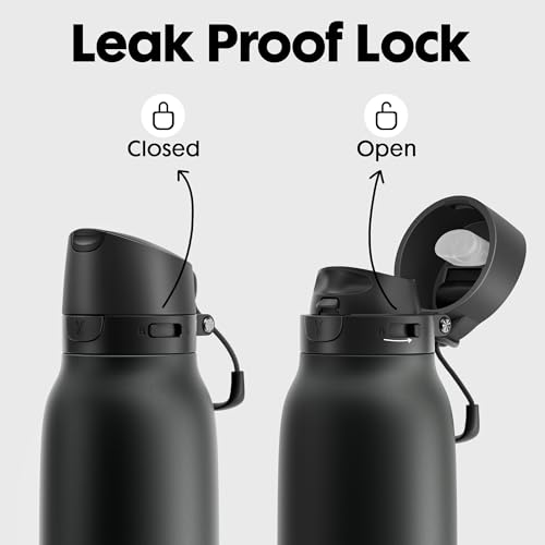 Image of Meoky 24 oz Slim Insulated Water Bottle: Leak Proof Locking Lid, 2-in-1 Straw and Spout, 24 Hours Cold, Top Handle, BPA Free, Stainless Steel Water Bottle for Men Sports Travel Gym, Night