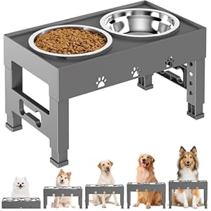 Elevated Dog Bowls with 2 Stainless Steel Bowls, Raised Dog Food Bowl Stand 5 Height Adjustable (3.1″, 9″, 10″, 11″, 12″) Non-Slip Feeder Set for Medium and Large Dogs – Gray