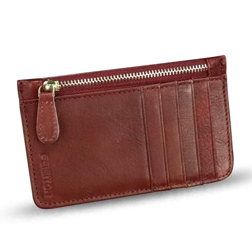 Genuine Leather Slim Wallet for Women and Men Credit Card Holder with RFlD Blocking Vintage Full Grain Leather Zip Purse Card Cases Money Clip (Red)2