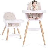 Baby High Chair, 3-in-1 Convertible Wooden High Chair with Adjustable Legs & Double Dishwasher Safe