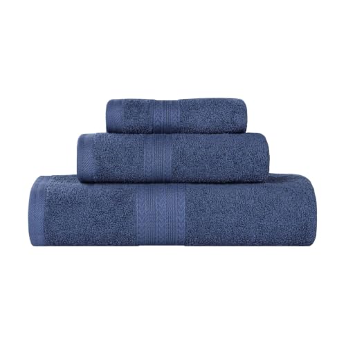 SUPERIOR Eco-Friendly Cotton 3-Piece Towel Set, Bathroom, Shower, Quick Dry Home Essentials, Lightweight, Sustainable Towels, 1 Bath, 1 Hand, 1 Face Towel, Washcloth, Highly Absorbent, Navy Blue
