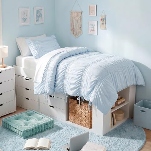 Image of Intelligent Design Ruched Shabby Chic Blue Twin XL Comforter Set, 2pc | Girls Dorm Bedding Set, French Country, All Season Down Alternative, Cozy, Machine Washable, Lightweight, Breathable