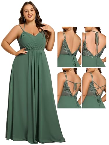 Image of Ever-Pretty Women's Pleated Backless Applique V Neck A Line Chiffon Sleeveless Plus Size Bridesmaid Dresses 01692-DA