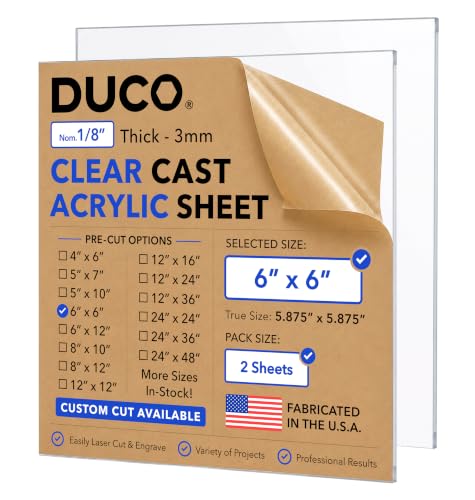 Duco 1/8" Clear Cast Acrylic Sheets, 6"x6" Plexiglass Sheets, 2 Pack