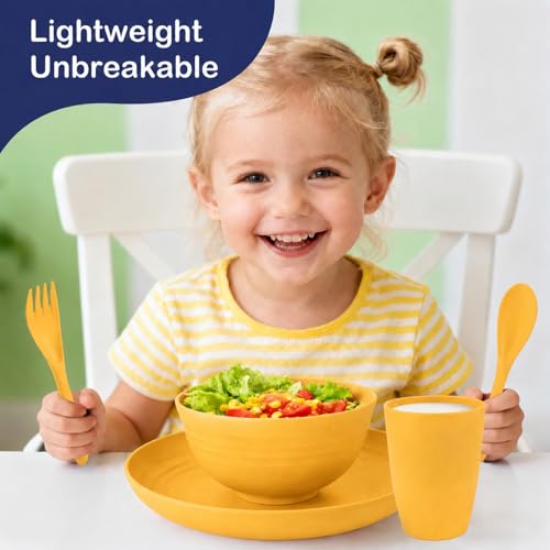 Image of 20 Piece Wheat Straw Dinnerware Sets for 4, Unbreakable Dish Set,Reuseable Kids Plates and Bowls Sets for 4, Lightweight Kitchen Dishware Set for Camping, Picnic, and Famliy Meal - Yellow
