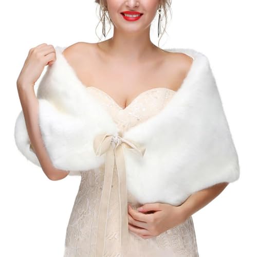 Women’s Faux Fur Shawl and Wraps Bridal Fur Stole Ribbon Fur Cape Soft Faux Shawl for Bride and Bridesmaids