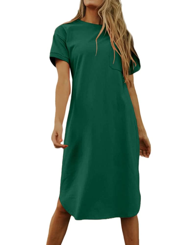 Imily Bela Dame Tshirt Kleid Sommer Shirtkleid Baumwolle Kurzarm Rundhals Minikleider Freizeitkleid mit Taschen.