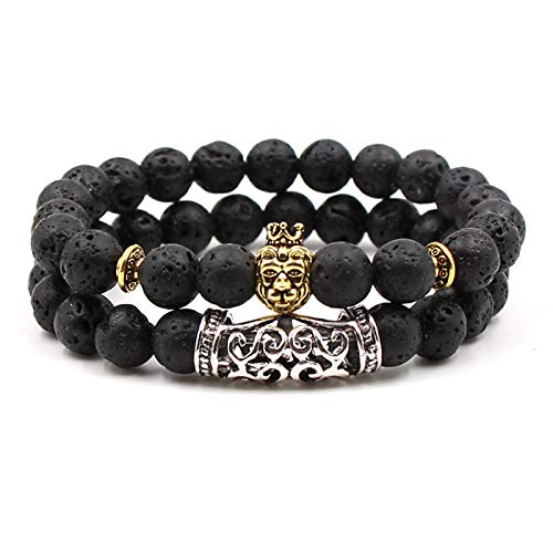 Bracelet en pierre volcanique noire avec couronne tête de lion pour homme