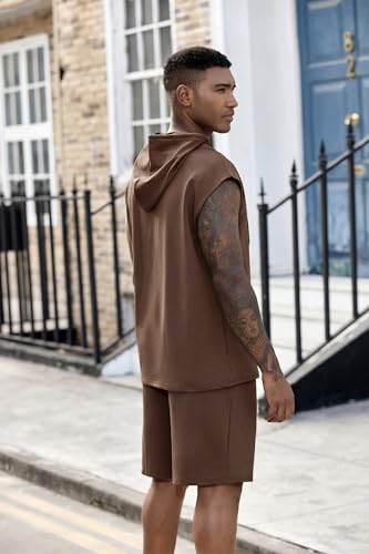 Image of Lexiart Mens Short Sets Sleeveless Workout Hooded 2 Pieces Outfits