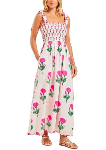 Image of Women Y2k Boho Maxi Dress Floral Tie Shoulder Spaghetti Strap Long Dress Summer Backless Beach Flowy Dresses (Bow Tie Pink, M)
