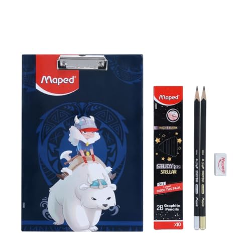 Maped Kit de examen de 12 piezas (tema vikingo) | Portapapeles premium y lápices oscuros de madera | Bloque de examen para estudiantes | Ideal para estudiantes | Kit de examen esencial | Lápiz