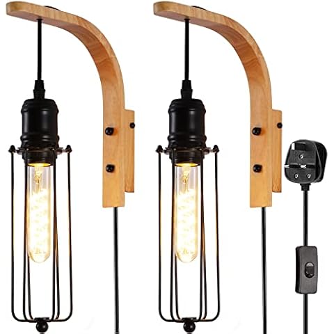 2 Pack Farmhouse Plug in Wall Sconce, Indoor Vintage Industrial Wall Light with Switch E27 Wooden Wall Lamp Bedside Reading Light Wall Mounted Fixture with Metal Cage for Bedroom Loft Living Room Cover