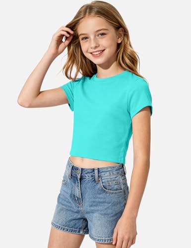 Image of Auranso Girls Crop Tops Kids Short Sleeve T-Shirts Basic Summer Tee Top