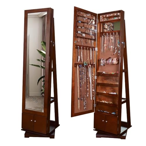 TBLOTYD Jewelry Cabinet with Full-Length Mirror, Jewelry Cabinet Standing, Mirror with Storage, Lockable Storage, 360° Swivel,