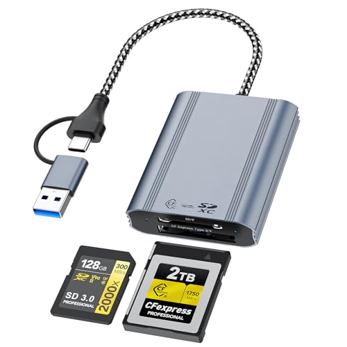 CFexpress Type B & SD Card Reader USB 3.2 Gen 2 10Gbps Dual Slot USBC/USBA 2in1 Cable Simultaneous Read/Write Compatible with Windows/Mac/iOS/Android/Linux Works with Canon/Nikon/Sony Cameras
