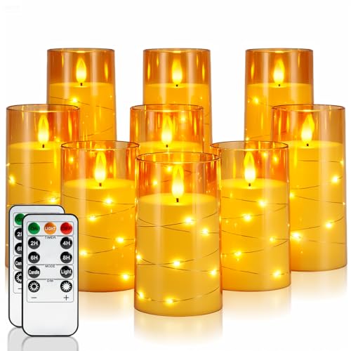 Image of Homemory Flickering Flameless Candles, Gold LED Pillar Candles with Remote
